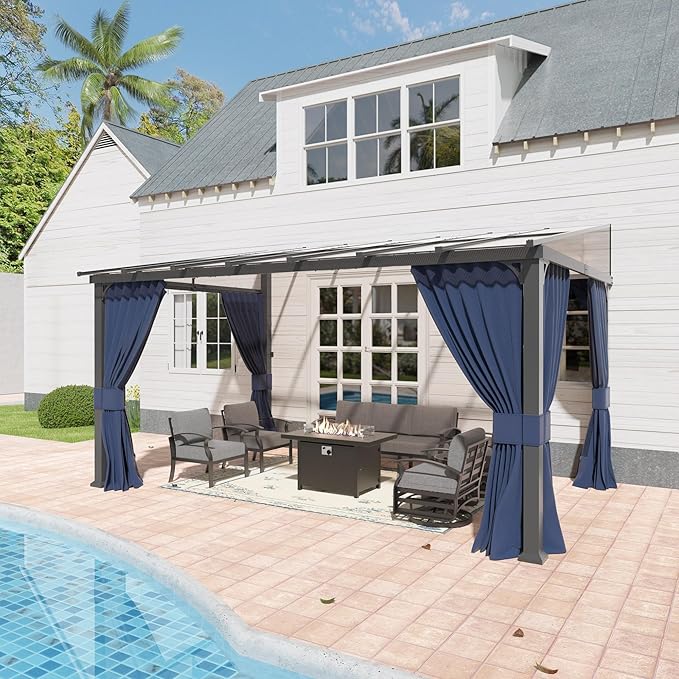 10’ x 14’ Gazebo for Patio,Wall Mounted Gazebo with Sloping Polycarbonate Roof,Aluminum Frame Outdoor pelgole w/Netting & Curtain for Garden,Deck,Backyard,NavyBlue