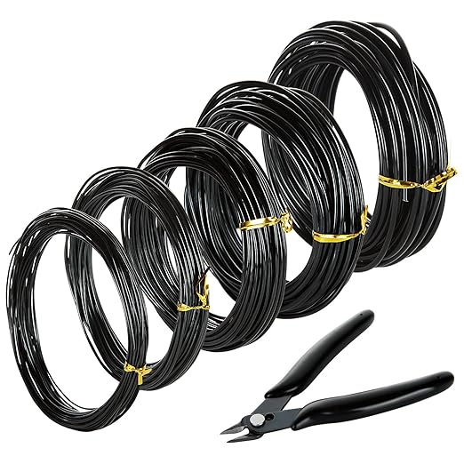 CertBuy 5 Roll Bonsai Wire 5 Size - 1.0MM, 1.5MM, 2.0MM, 2.5MM, 3.0MM Black Anodized Aluminum Bonsai Training Wire 160 Feet Total Length with Wire Cutter (Single roll Length 32 Feet)