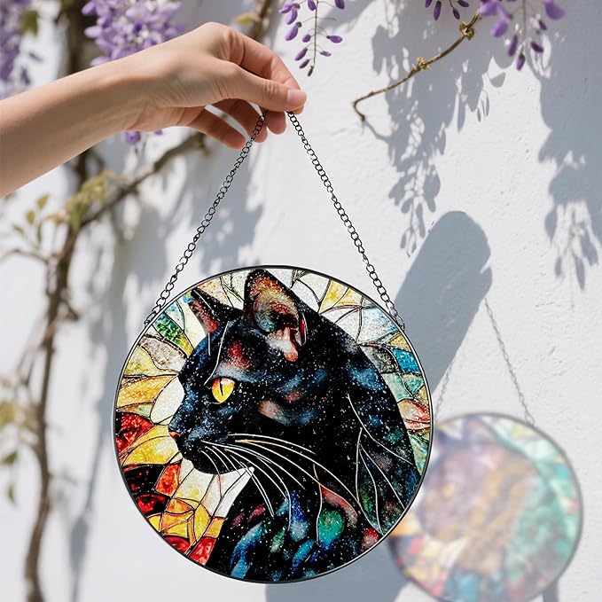 8″ Stained Glass Window Hanging Ornament, Black Cat Stained Glass Suncatcher Ornament, Sun-Catcher Window Decor | Gifts for Cat Lovers, Pet Lover Gift