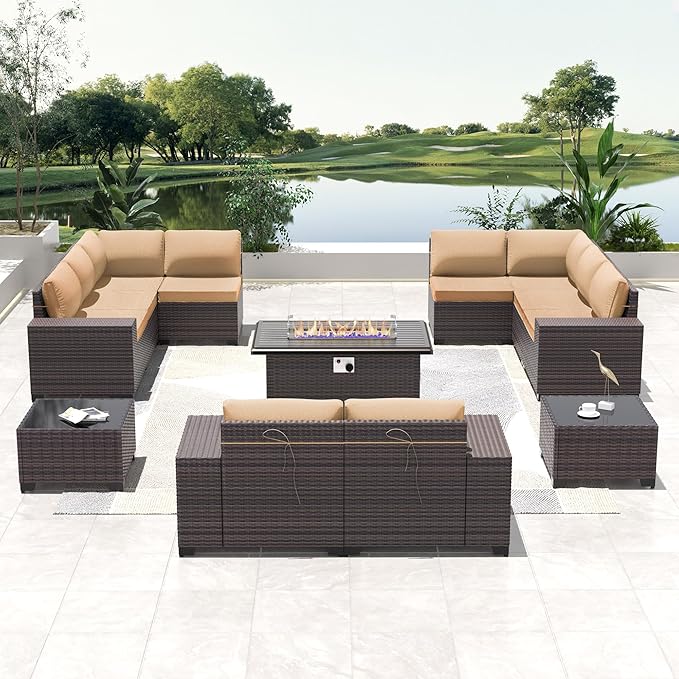 Outdoor Patio Furniture Set with Propane Fire Pit Table, 13 Pieces Outdoor Furniture Patio Sectional Sofas Conversation Sets w/ETL Approved 43" Gas Outdoor Fire Table & Coffee Table (Brown).
