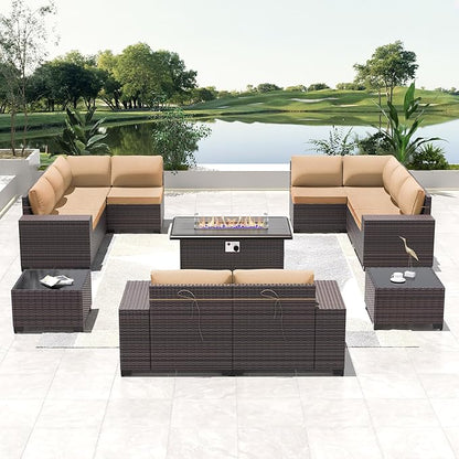 Outdoor Patio Furniture Set with Propane Fire Pit Table, 13 Pieces Outdoor Furniture Patio Sectional Sofas Conversation Sets w/ETL Approved 43" Gas Outdoor Fire Table & Coffee Table (Brown).