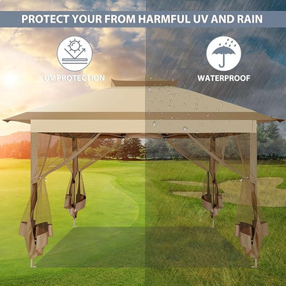 COBIZI Pop Up Gazebo 11x11 One-Push Canopy Tent, Carpas Para Patio, Outdoor Canopy Shelter with Double Roof Ventiation 121 Square Feet of Shade for Lawn, Garden, Backyard and Deck, Khaki(Upgraded 2.0)
