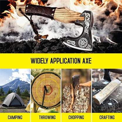 Viking Axe Ashwood Handle Handmade Carbon Steel Blade, Outdoor Camping Hunting, Norse Hatchets Axes, with Leather Wrapped Handle & Leather Sheath Wood Splitting Axes