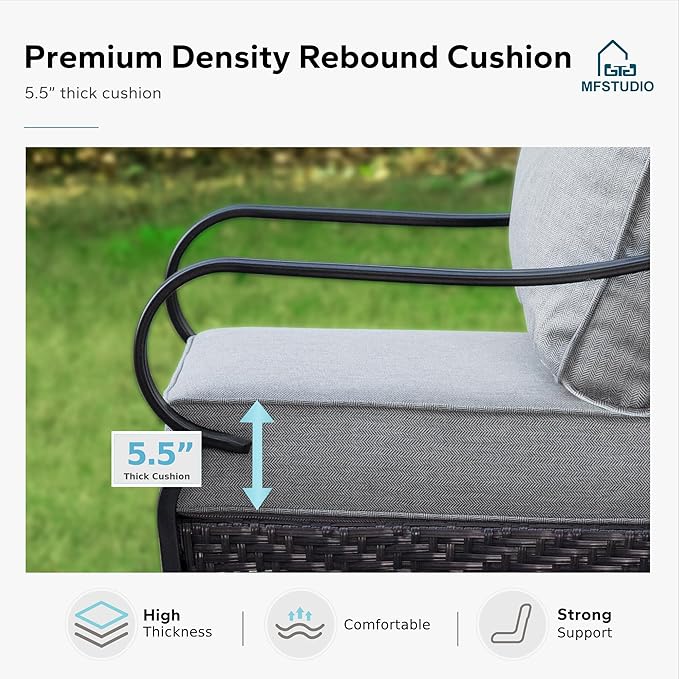 MFSTUDIO 5 PCS Outdoor Patio Furniture Set, Metal Outdoor Conversation Set, Rattan Wicker Patio Sectional Sofa Set with 2 x Fixed Single Sofa, 2-Seat and 3-Seat Sofa, 1 x Coffee Table, Grey