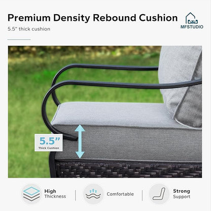 MFSTUDIO 4 Pieces Outdoor Patio Furniture Set, Metal Outdoor Conversation Set, Rattan Wicker Patio Sectional with 2 x Swivel Single Sofa, 3-Seat Sofa, 1 x Coffee Table, Grey