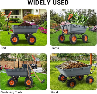 800Lb Heavy-Duty Poly Dump Garden Cart with Steel Frame, Utility Wagon with 10" Tires & Quick-Tilt System for Yard, Beach & Landscaping, Grey