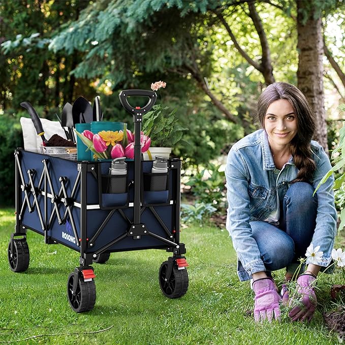 Collapsible Wagon Cart with Wheels Foldable - Folding Utility Heavy Duty Wagons Carts for Grocery Sports Garden Shopping Camping Wheelbarrows (Navy Blue, 150L)
