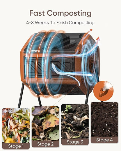 THEGROW'ING Updated 43 Gallon Outdoor Compost Bin. with Thermometer, Fast to Assemble. Tumbling Design, Dual Chambers. Rotating Function, Ideal for Outside, Backyard, Garden, Yard. Orange.