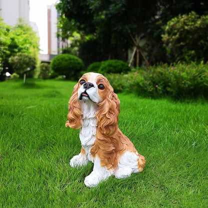 Sunny Cavalier King Charles Spaniel Solar Welcome Dog Statue, Hand-Painted Sitting Resin Puppy Figurine with Dual Signs and Lantern for Garden, Patio, and Front Porch Décor