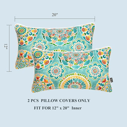 FUNHOME Indoor Outdoor Lumbar Pillow Covers ONLY, Water-Repellent Fade-Resistant Patio Lumbar Cases 12” x 20”, Throw Pillowcase Shell for Couch Garden Furniture Use -Cyan Circle