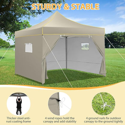 COBIZI 10x10 Pop Up Canopy Tent, Easy Setup Canopy with Sidewalls Waterproof & UPF 50+, Heavy Duty Commercial Instant Craft Fair Tent for Party, Event, Vendor, Farmer Market(Khaki)