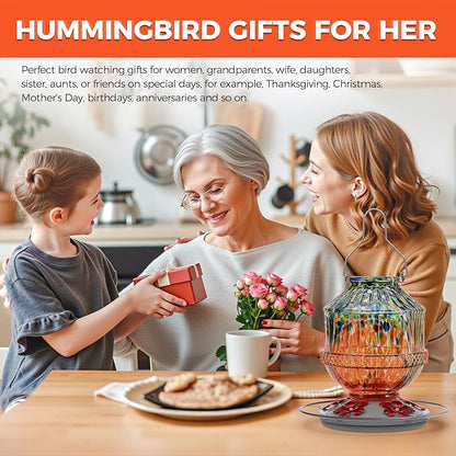 Blown Glass Hummingbird Feeders for Outdoors, 25 Ounces Wild Bird Nectar Feeder with Perch & 5 Flower Feeding Ports Leak Proof Hanging for Garden Backyard Decor, Gifts for Women Mom, Orange