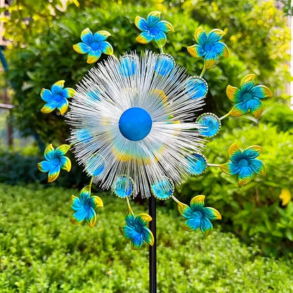 46" Flower Solar Wind Spinners for Yard and Garden, Sapphire Kinetic Windmill Wind Spinner Outdoor Decor, Solar Wind Sculpture Yard Art for Patio, Lawn & Garden