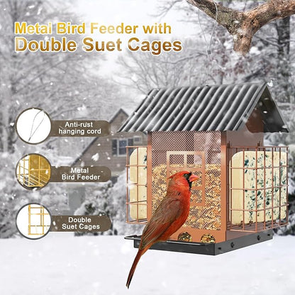 Bird Feeders for Outdoors Hanging, Metal Bird Feeder with Double Suet Cage Cake, Large Capacity, Birdfeeders Sturdy & Weatherproof, Easy to Clean & Refill, Great for Attracting Wild Birds