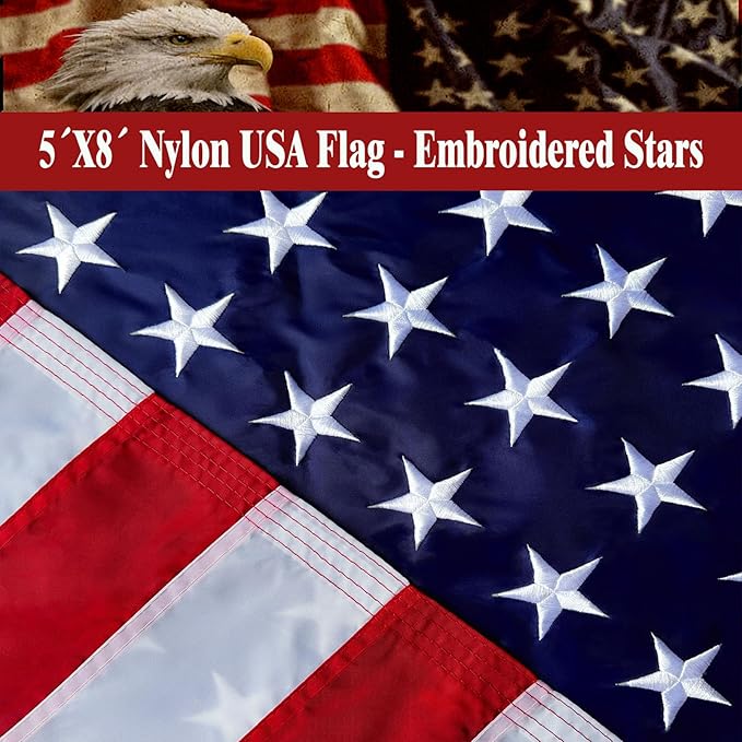 Nylon Embroidered American US Flag 5x8 FT 100% Made in The USA- Heavy Duty Vibrant Colors United States Flag with Embroidered Stars and Sewn Stripes for Home/Company/Indoor Outdoor Decoration (FMAA Certified)