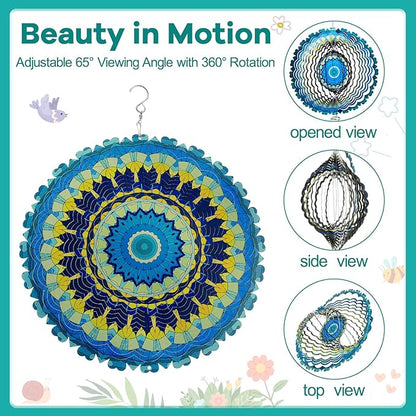 12 Inch Mandala Wind Spinners with Gazing Ball Spiral Tail, Outdoor 3D Stainless Steel Hanging Spinner Mandala Wind Catchers Sculpture for Indoor Outdoor Garden Yard Decoration(Blossom)