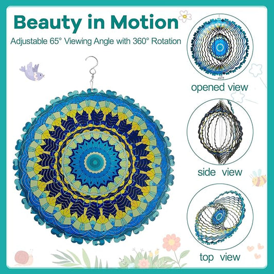 12 Inch Mandala Wind Spinners with Gazing Ball Spiral Tail, Outdoor 3D Stainless Steel Hanging Spinner Mandala Wind Catchers Sculpture for Indoor Outdoor Garden Yard Decoration(Blossom)