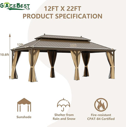 12' X 22' Hardtop Gazebo, Outdoor Galvanized Steel Double Roof Permanent Aluminum Frame Pavilion Pergola Canopy with Privacy Curtains for Garden, Patio, Backyard, Deck and Lawns.