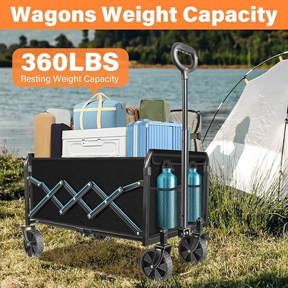 Wagons Carts Foldable, Collapsible Wagon Cart with Wheels - Beach Wagon Cart with Wheels for Sand Sports Camping Grocery, Black
