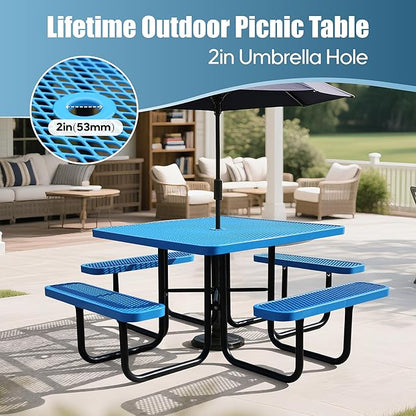 8-Person Picnic Tables for Outdoors, Industrial 46" Expanded Metal Square Picnic Table with 4 Benches & Umbrella Hole, Outside Table and Bench Set for Garden, Backyard, Porch, Patio, Blue