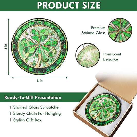 FLAGWIX Christmas Irish Gifts for Women Men - 100% Stained Glass Hanging Suncatcher 8 in - Birthday Christmas Irish Decorations for Family Friends, Shamrock Home Decor, St Patricks Day Decorations