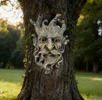 Mustache Tree Face Sculpture, Funny Mustache Old Man Tree Hugger Statue, Indoor & Outdoor Creative Props for Garden and Home,9" x 7" x 2.4"