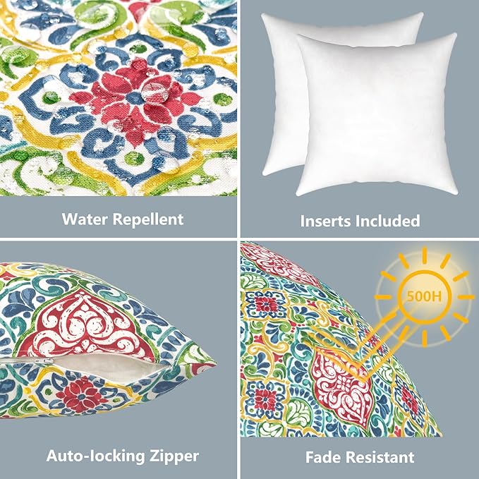 LVTXIII Outdoor Throw Pillows, Decorative Throw Pillows with Inserts, 16"x16" Square Pillows for Bed, Couch, Sofa and Patio Furniture, Set of 2, Damask Red