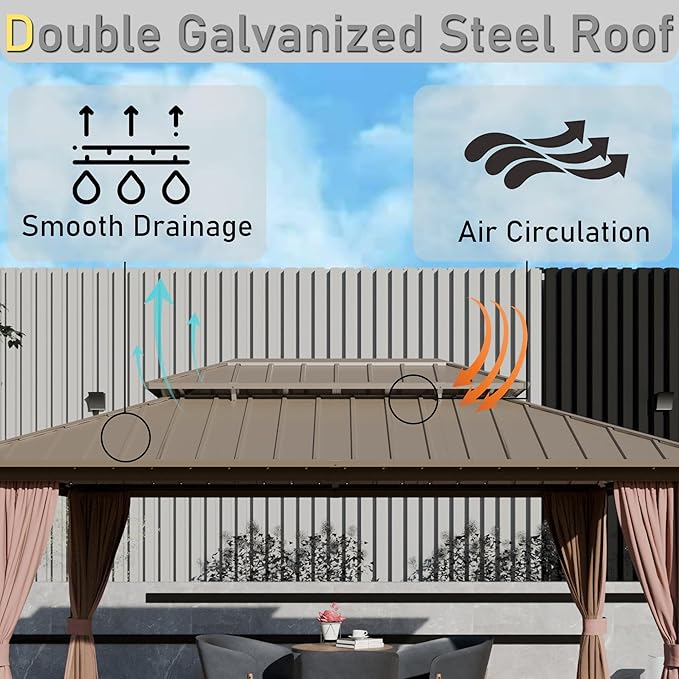 12'x12' Hardtop Gazebo, Outdoor Aluminum Frame Galvanized Steel Double Roof Pavilion with Netting and Shaded Curtains, Permanent Metal Pergolas for Patio, Backyard, Deck and Lawns.