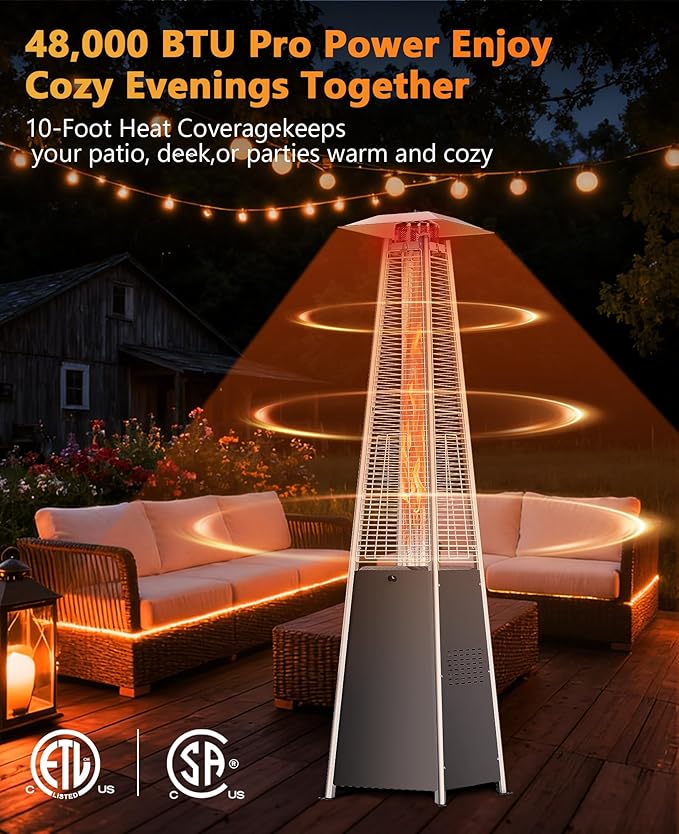 HUGROVE Pyramid Patio Heater for Large Area, 48,000 BTU Rapid Heating Outdoor Propane Heater With Wheels and Weatherproof Cover, Triple Protection System for Patio, Backyard, Garden, Pool (1 heater)