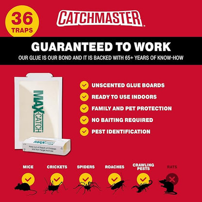 Catchmaster Max-Catch Mouse & Insect Glue Trap 36PK, Mouse Traps Indoor for Home, Sticky Pest Control Adhesive Tray for Catching Bugs, Rats & Rodents, Bulk Unscented Glue Boards