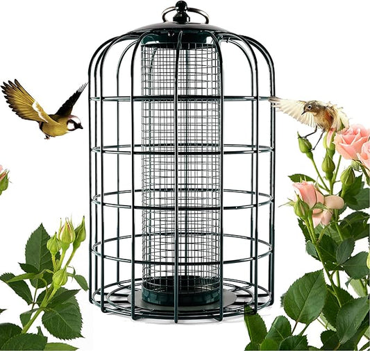 Nature's Rhythm Outdoor Hanging Bird Feeder Cage Mesh Tube Squirrel Proof Wild Bird Feeder with Large Metal Seed Guard Deterrent