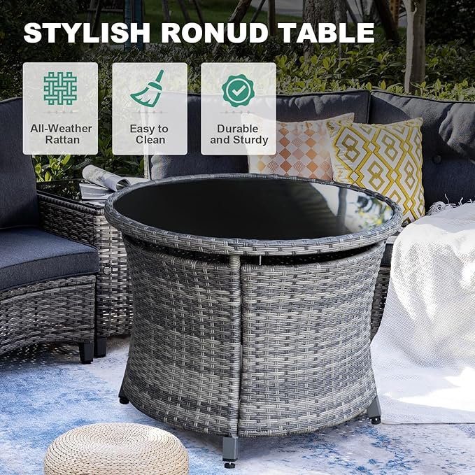 MEISSALIVVE 8 Piece Outdoor Patio Furniture Set, Half-Moon Curved Sectional Set with Wood Armrests, Patio Conversation Set, 2 Half-Moon Ottomans, Round Table & Side Table (Grey)