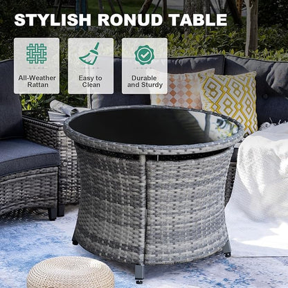 MEISSALIVVE 8 Piece Outdoor Patio Furniture Set, Half-Moon Curved Sectional Set with Wood Armrests, Patio Conversation Set, 2 Half-Moon Ottomans, Round Table & Side Table (Grey)