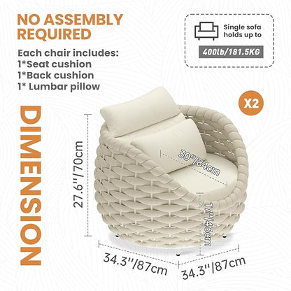 Patio Accent Chairs Set of 2: Aluminum Porch Lounge Chair with Arms - Woven Rope Cushioned Armchair - Modern One Seater Sofa - Outdoor Deck Furniture for 400lbs Balcony Yard Garden Hotel, Beige