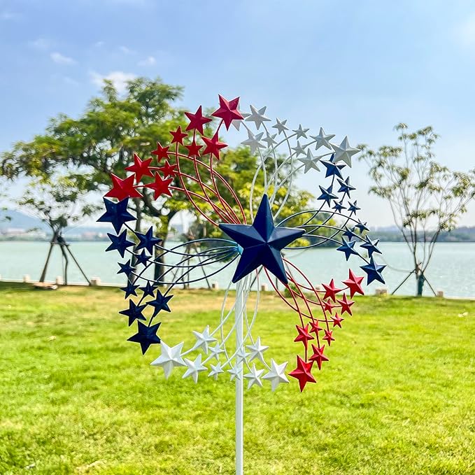 47.3” Red White & Blue Patriotic Wind Spinner – Star Design American Flag Spinner Outdoor – Metal Garden Spinners for Yard, Lawn & Patio Decor