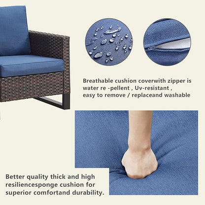 Rilyson Wicker Outdoor Patio Chairs Set of 2-2 Piece Rattan Chairs with Waterproof Wicker,Comfortable Cushions and Sturdy Metal Frame for Outside Porch Deck Backyard(Brown/Blue)