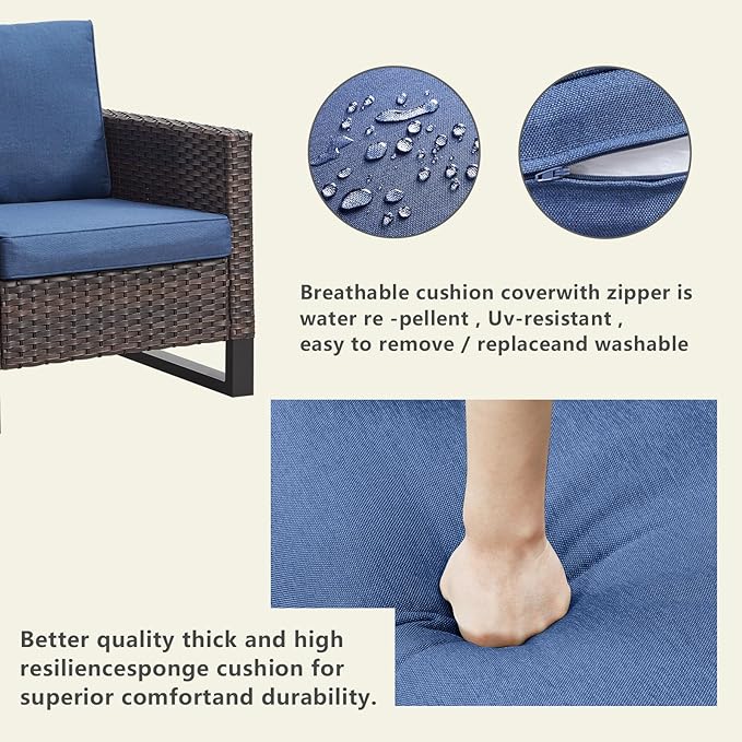 Rilyson Wicker Outdoor Patio Chairs Set - 3 Piece Rattan Patio Furniture Bistro Chairs Set with Waterproof Wicker,Comfortable Cushions and Sturdy Metal Frame for Porch Deck Backyard(Brown/Blue)