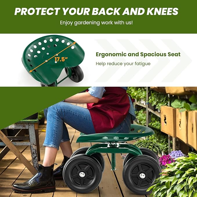 LDAILY Garden Seat with Wheels, Heavy-Duty Utility Stool Cart with Adjustable 11"-16" Height & 360° Rotatable, Rolling Garden Cart with Seat for Lawn Planting, Yard Work, Patio Gardening (Green)