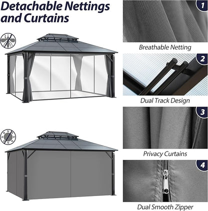 12' x 14' Hardtop Gazebo, Outdoor Polycarbonate Double Roof Gazebo with Metal Frame Permanent Pavilion with Netting& Curtains for Garden, Patio