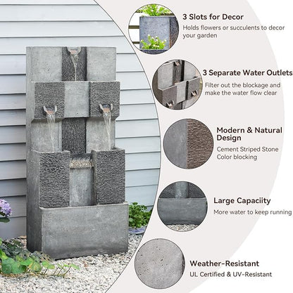 44.8" H Modern Outdoor Water Fountain with LED Lights and Pump, Mutiply-Tier Standing Cascading Waterfall - Modern Design for Garden,Patio,Yard, Multi-Level Outdoor Decor (Gray)