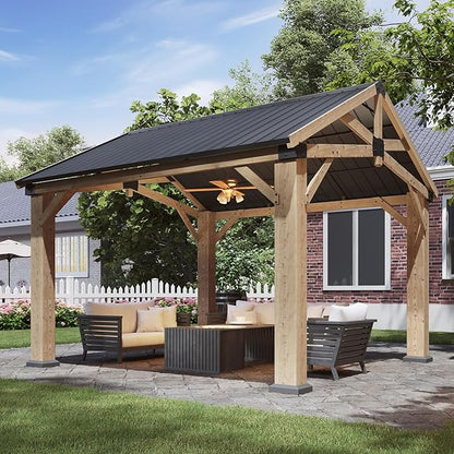 Aoxun 10' x 12' Outdoor Wood Gazebo, Hardtop Gazebo Permanent Wooden Pavilion with Galvanized Steel Gable Roof, for Patio, Garden, Backyard, Cedar Wood