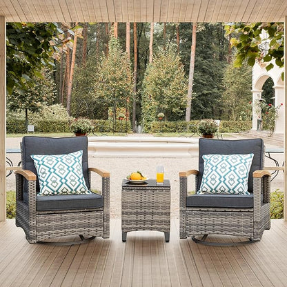 MEISSALIVVE 3 Piece Outdoor Swivel Rocker, Patio Furniture Bistro Set with 360° Wood Armrests Swivel Rocking Chairs and Side Table for Porch,Deck,Balcony(Grey)