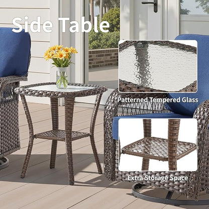 Patio Furniture Sets, 6 Pieces Wicker Outdoor Furniture with Patio Sidetables - 360 Degree Swivel Rocking Chairs and Rattan Side Table for Garden, Porch, Backyard, Blue/Brown Wicker