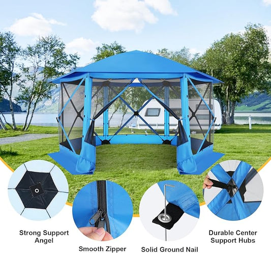 COBlZl Pop Up Gazebo 12x12 Screen House Tent for Camping, Outdoor Instant Stargazing Gazebo Canopy with Awning 2.0, Portable Hub Tent with Mosquito Netting, Pavilion for Backyard,Blue