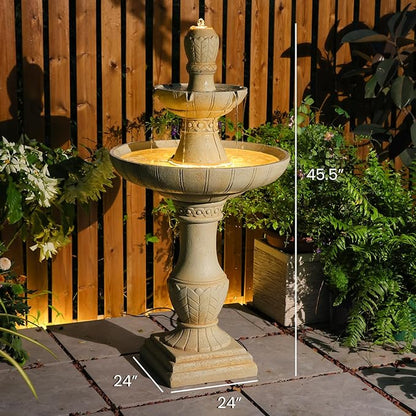 3-Tier Outdoor Water Fountain with LED Lights, 45.5" Italian Resin Garden Fountain for Patio, Yard, and Porch – Weather-Resistant Cascading Waterfall Feature with Quiet Pump, Elegant Backyard Décor