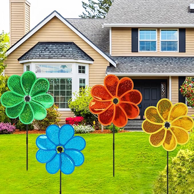 4PCS Flower Wind Spinner Sparkly Lawn Pinwheel 11.8 inch Colorful Green Yellow Orange Light Blue Garden Windmill for Garden, Party, Outdoor, Yard Decor
