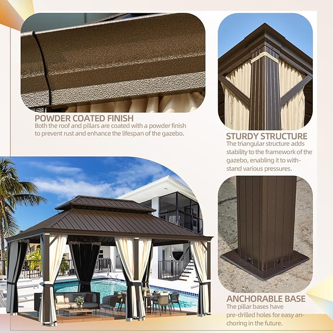 YOLENY 12' x 18' Gazebo, Galvanized Steel Double Roof Hardtop Gazebo with Aluminum Frame, Permanent Outdoor Metal Pavilion with Curtain and Netting for Patio, Lawn and Garden