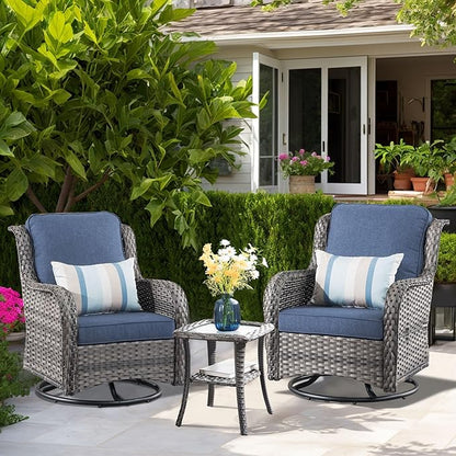 HOOOWOOO Patio Furniture Set,3 Piece Outdoor Furniture with Swivel Chairs,Wicker Patio Bistro Chairs Set,Denim Blue