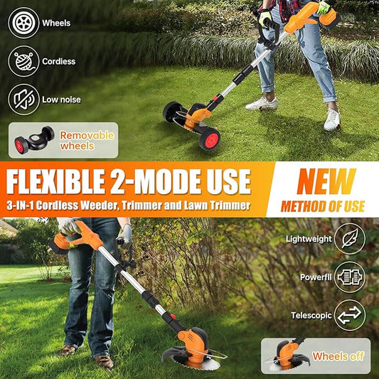 Electric Weed Wacker Eater Cordless String Trimmer Battery Powered, 21V/4000mAh Grass Trimmer Battery Operated Brush Cutter, 3 in 1 Lightweight Weed Trimmer/Lawn Edger/Trimmer Edger for Yard Garden