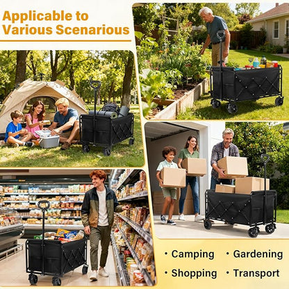 Yobller Wagons Carts Foldable,Large Capacity Foldable Wagon Cart Collapsible Wagon with Wheels & Drink Holders,Utility Folding Cart for Camping Garden Grocery Shopping